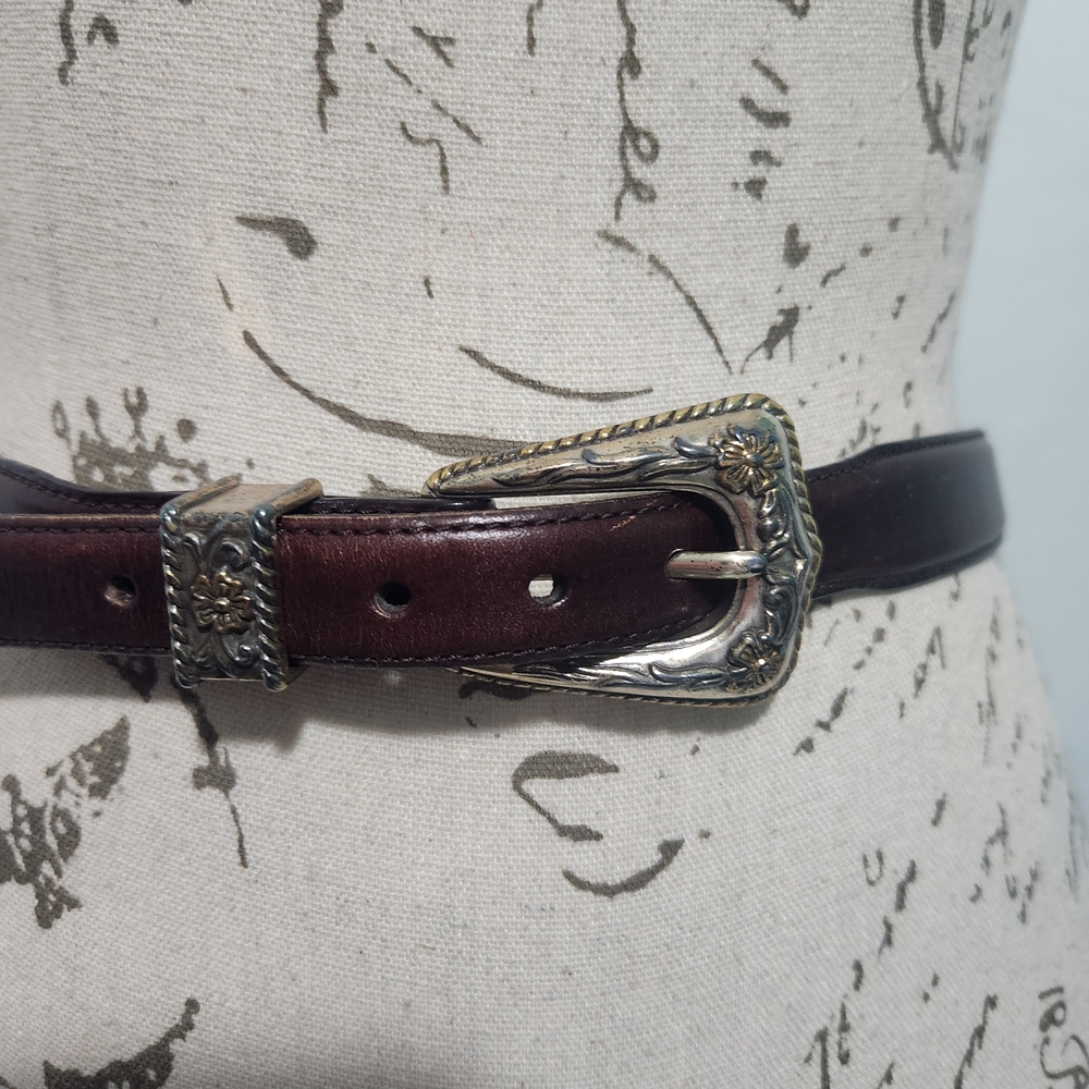 Vintage Western Resistol Brown Leather Belt W Silver Floral Embellished Buckle.